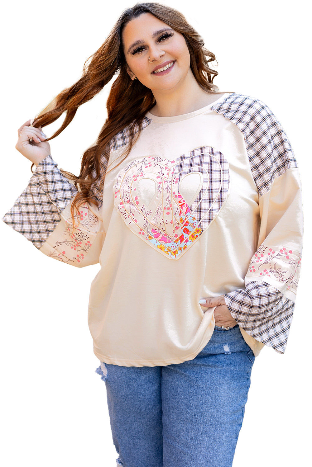 Plaid Floral Love Peace Bishop Sleeve Shirt S - 3X