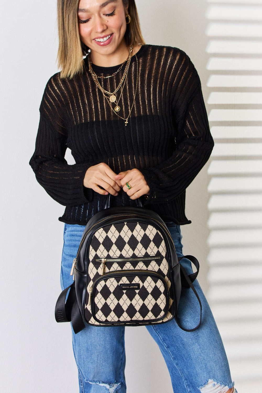 Argyle Pattern Vegan Leather Backpack