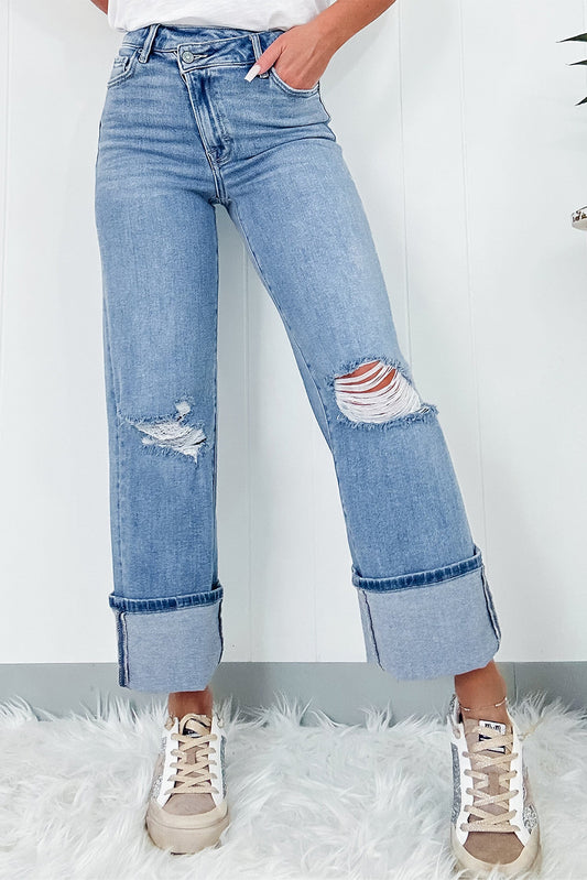 Layered Button Fly Wide Leg Stove Pipe Cuff Ankle Jeans