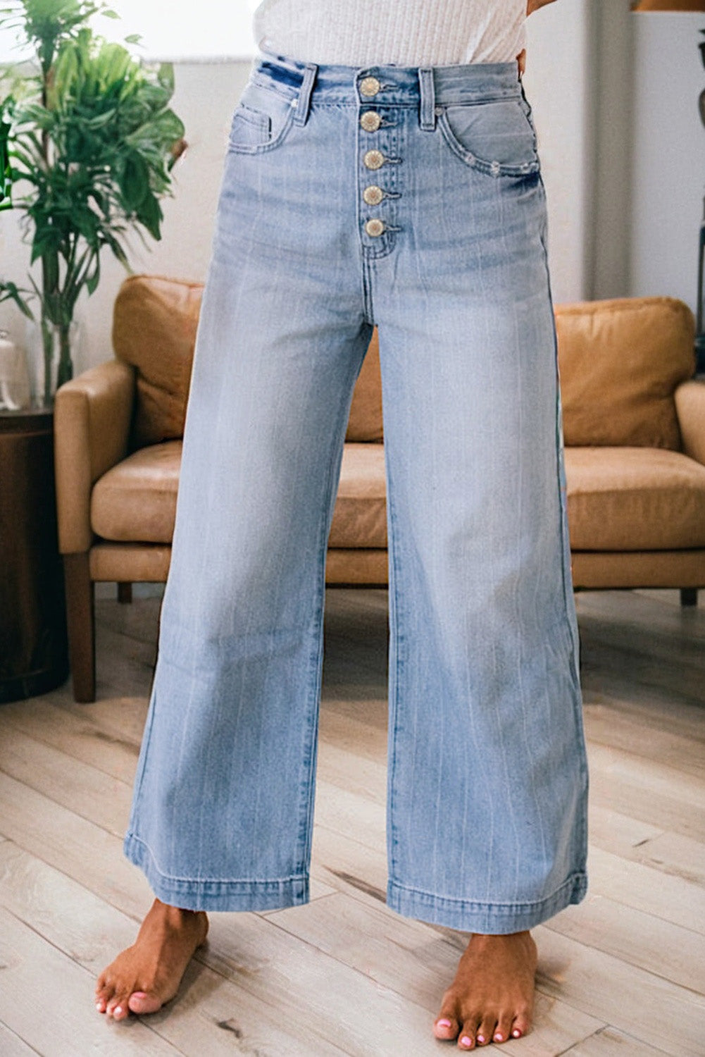 Comfy Multi Button Pinstripe Wide Leg Jeans (Size 4 - 16)