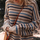 Cozy Brown Colorful Stripped Knit Crew Neck Sweater