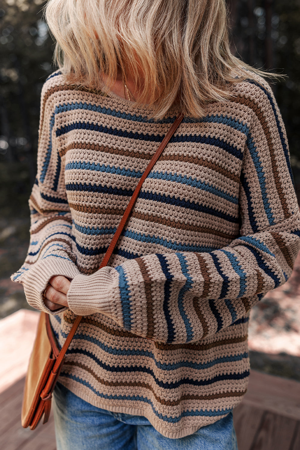 Cozy Brown Colorful Stripped Knit Crew Neck Sweater