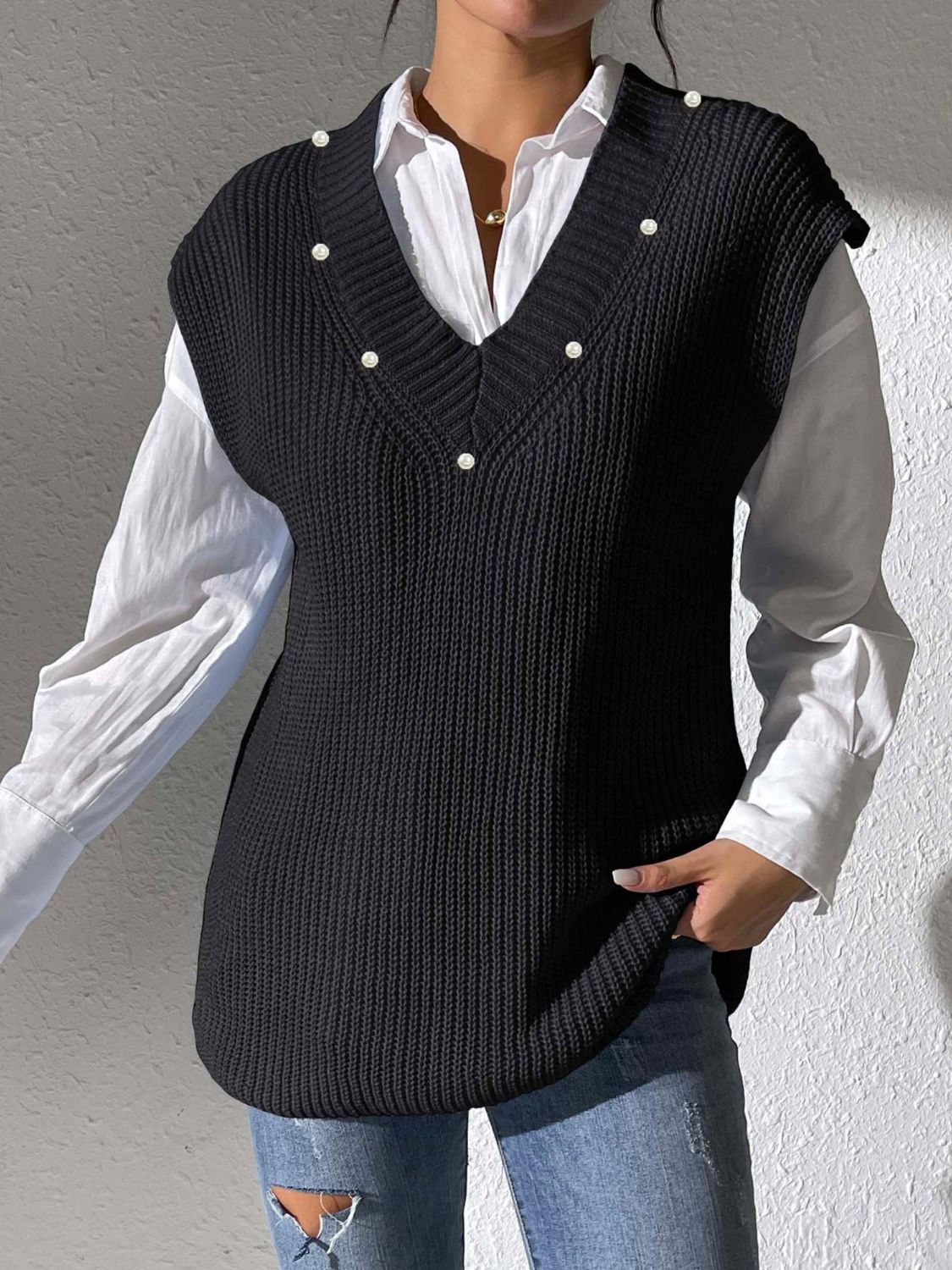 Classic Pearl V-Neck Sweater Vest in 5 Colors Onsize