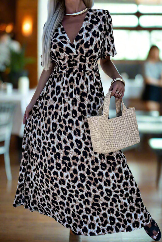 Elegant Classy Leopard V Neck Open Back Maxi Dress