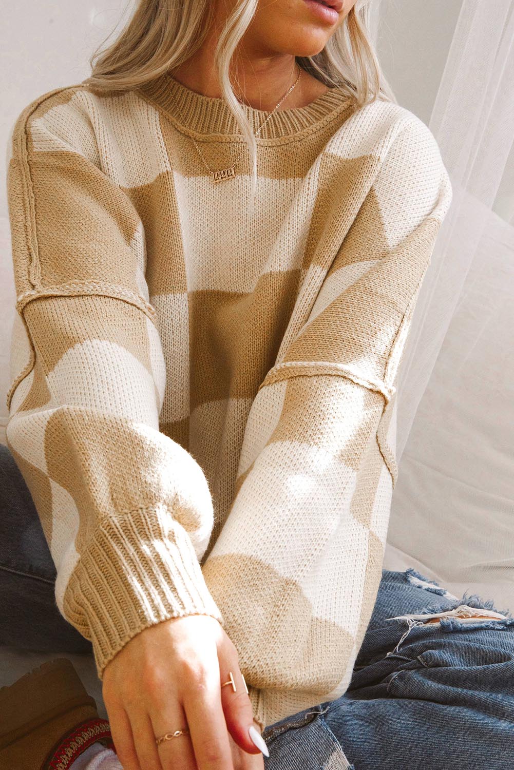 Cozy Checker Bishop Sleeve Sweaters  S - 2X in 3 Colors