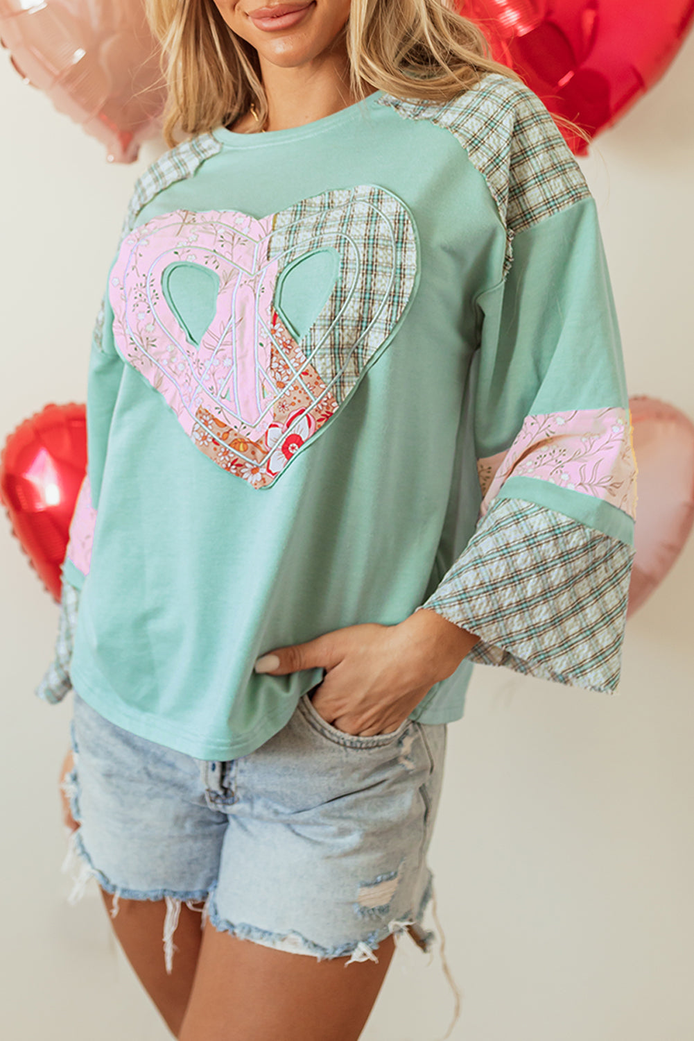 Plaid Floral Love Peace Bishop Sleeve Shirt S - 3X