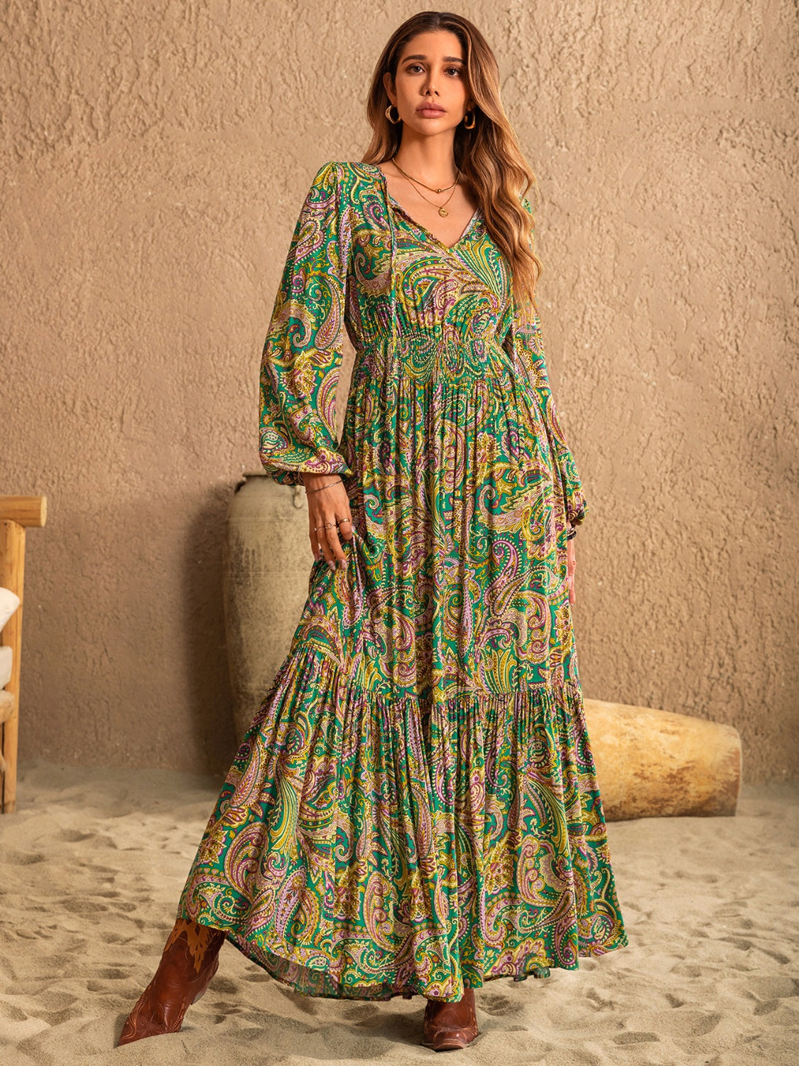 Elegant Paisley Tie Neck Long Sleeve Dress