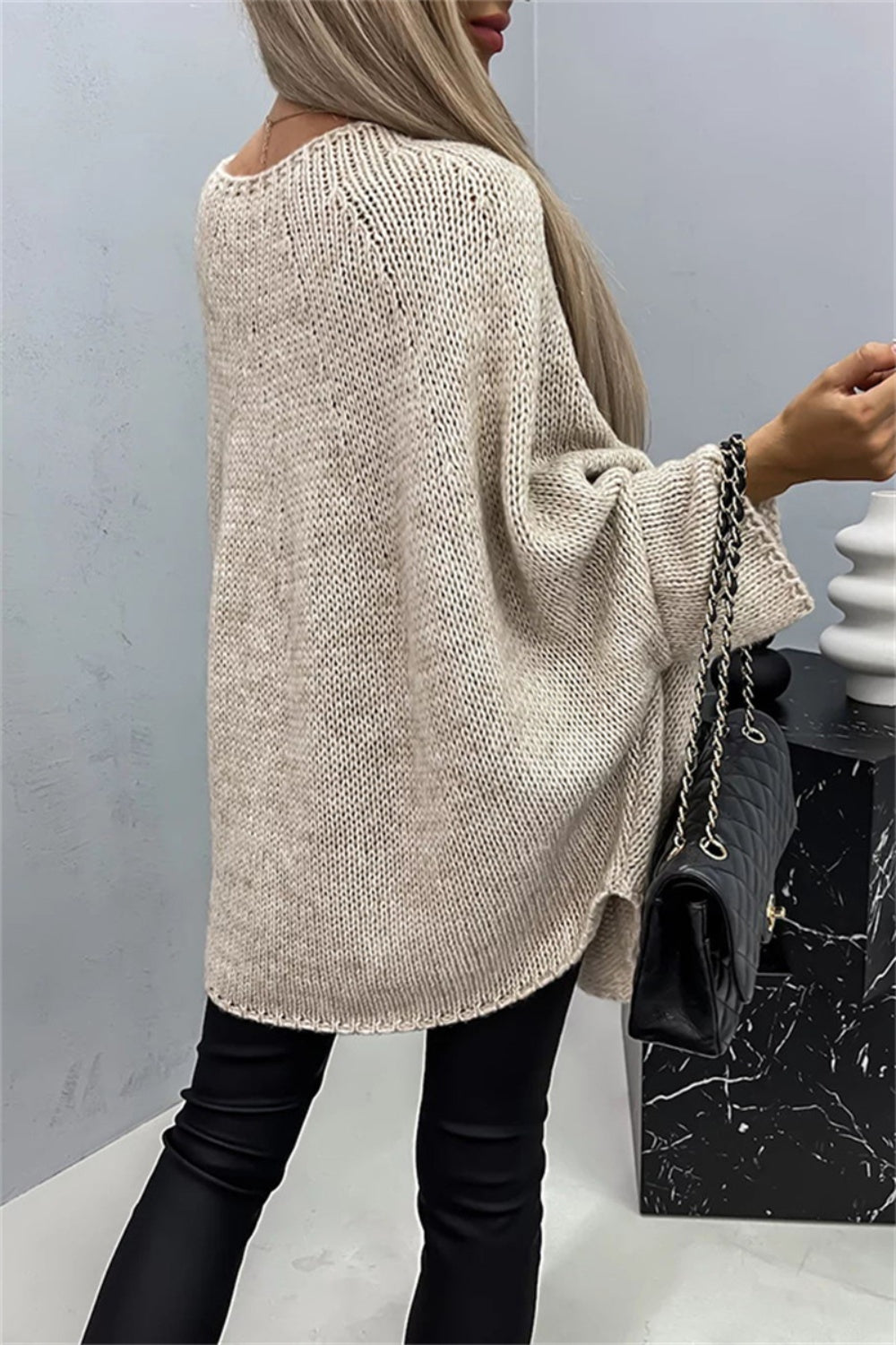 Elegant Round Neck Poncho Long Sleeve Sweater