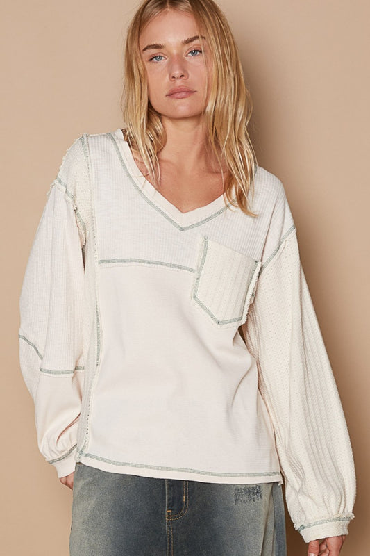 Comfy V-Neck Knit Exposed Seam Shirt