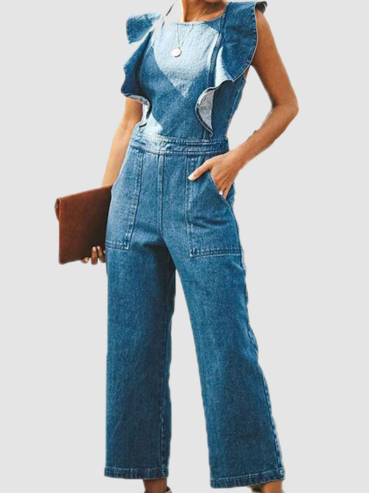 Edgy Chic Ruffle Backless Denim Jumpsuit
