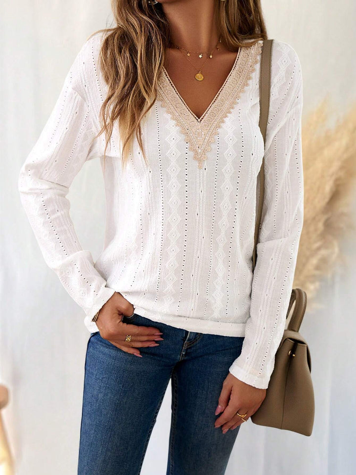 Eyelet Lace V-Neck Dropped Shoulder T-Shirt