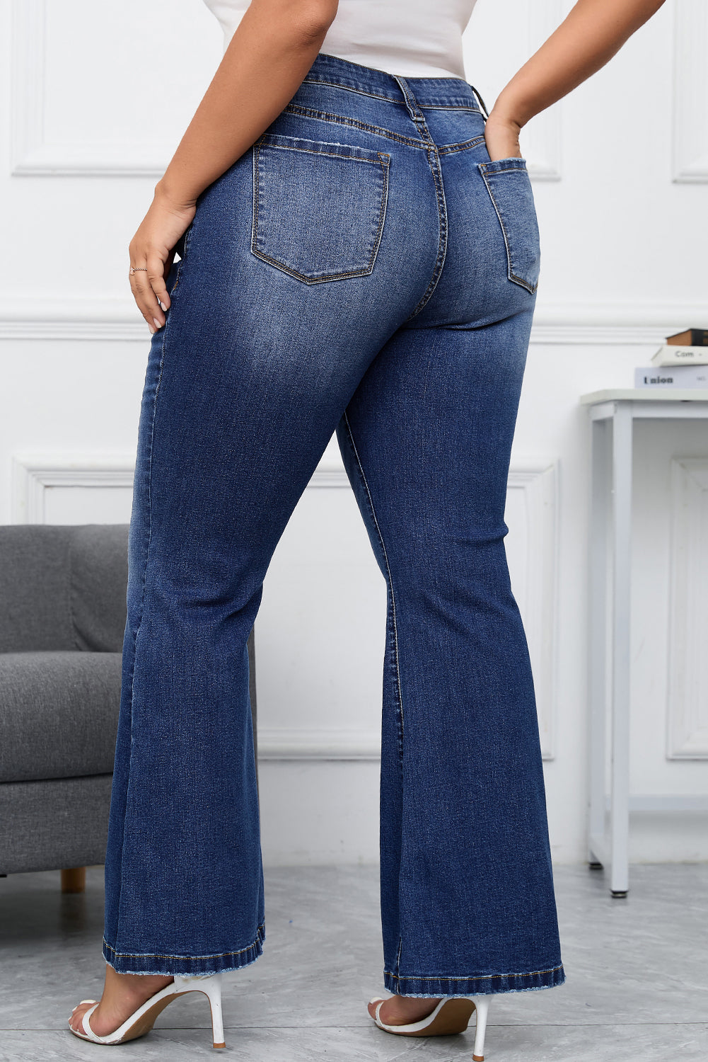 Dark Denim Blue Tailored Washed Flare Jeans (S - 2X)