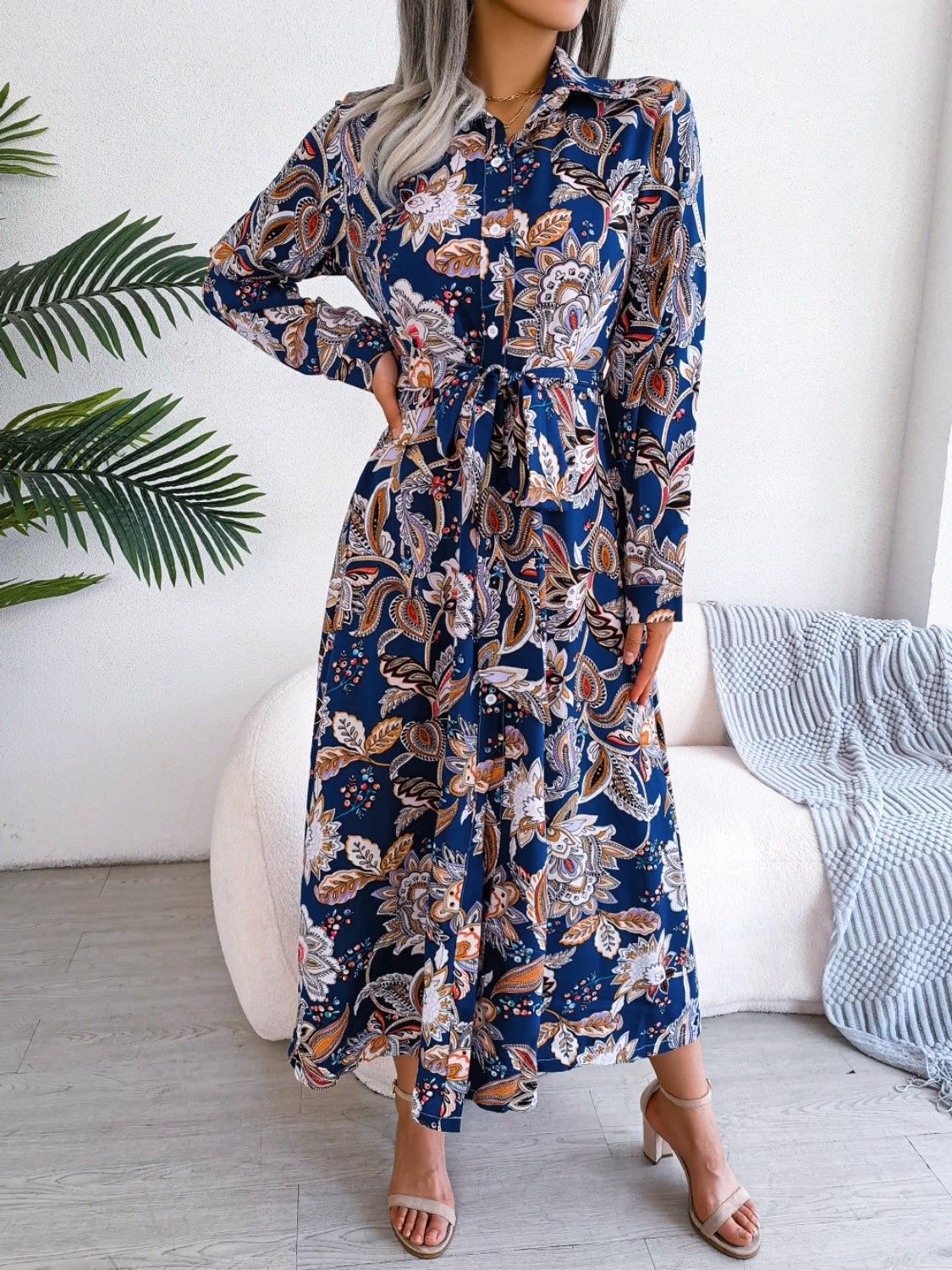 Classic Floral Tie Waist Midi Dress in 3 Colors