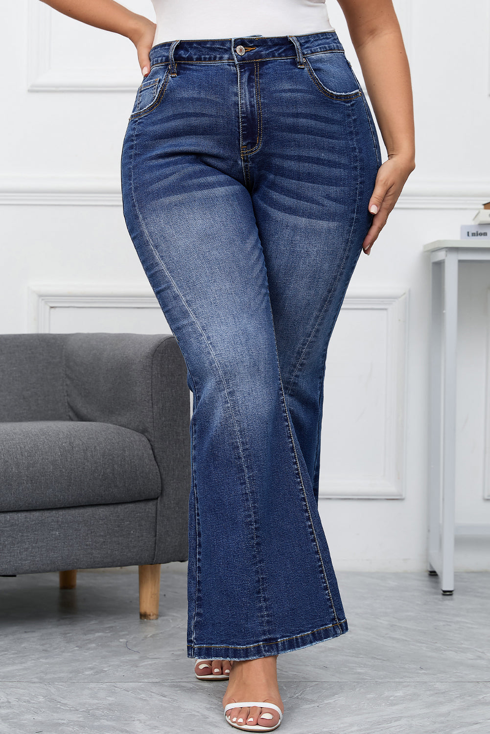 Dark Denim Blue Tailored Washed Flare Jeans (S - 2X)