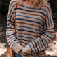 Cozy Brown Colorful Stripped Knit Crew Neck Sweater