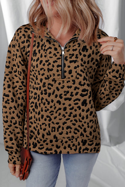 Cozy Daydream Brown Leopard Polo Zip Up Sweatshirt at LaurenNichole