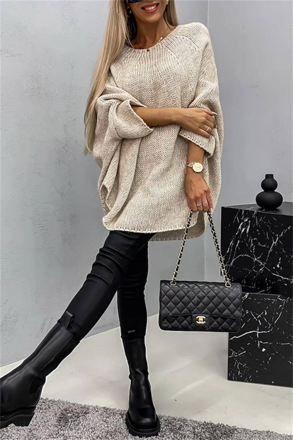 Elegant Round Neck Poncho Long Sleeve Sweater