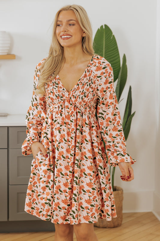 Beige Floral V Neck Smocked Bishop Sleeve Babydoll Dress