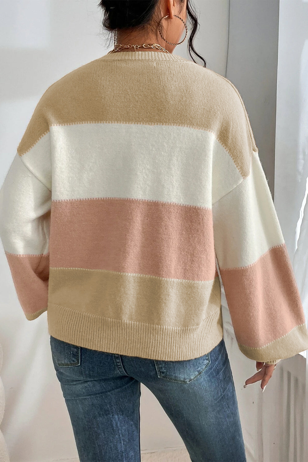 Elegant Color Block Lantern Sleeve Sweater