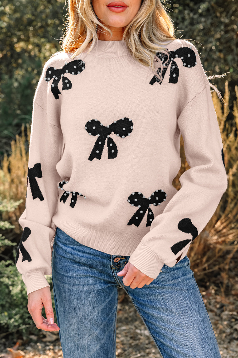 Classic Pearl Embellished Bow Knit Sweater
