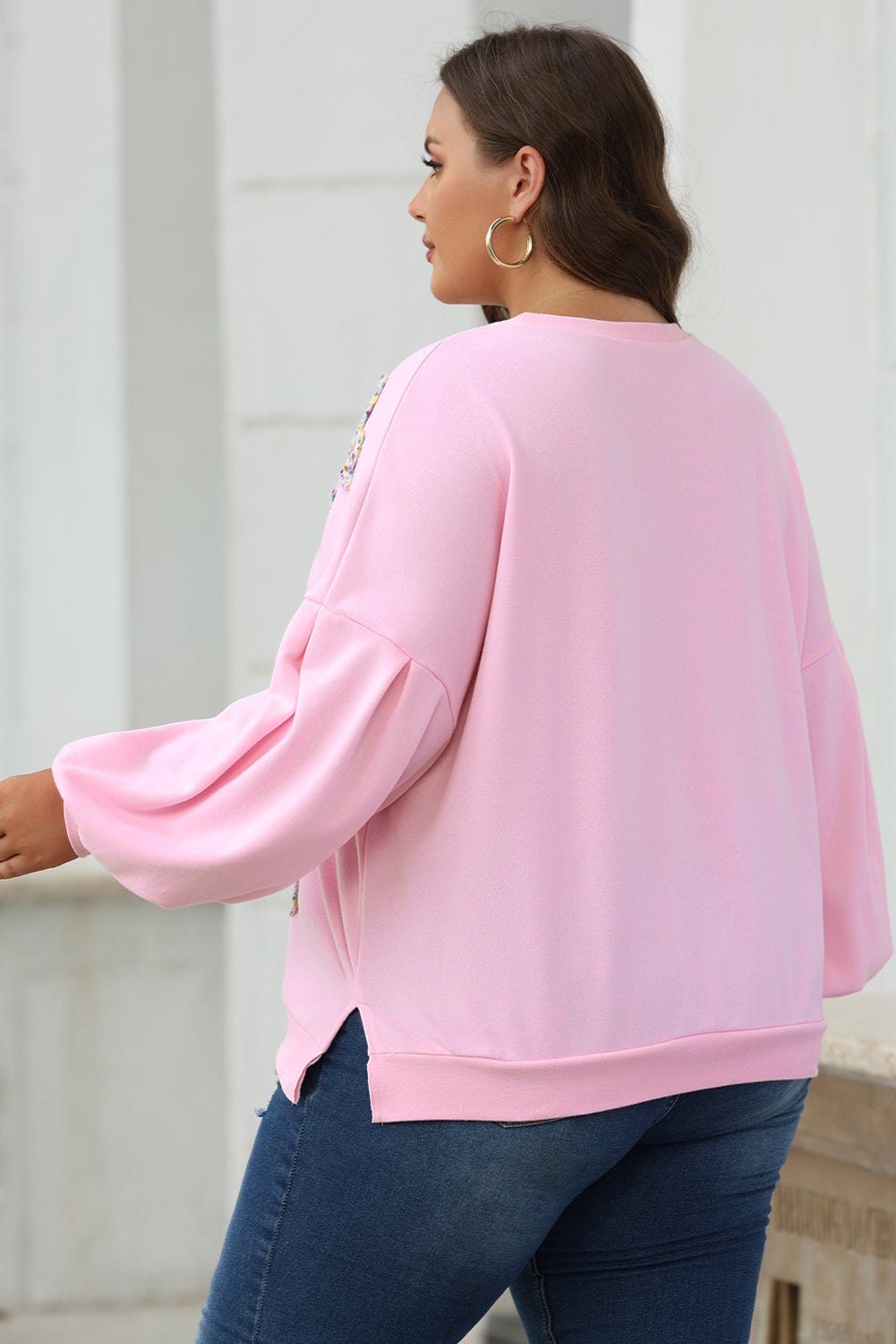 Embroidered Bow Lantern Sleeve Sweatshirt in 2 Colors (S - 3X)