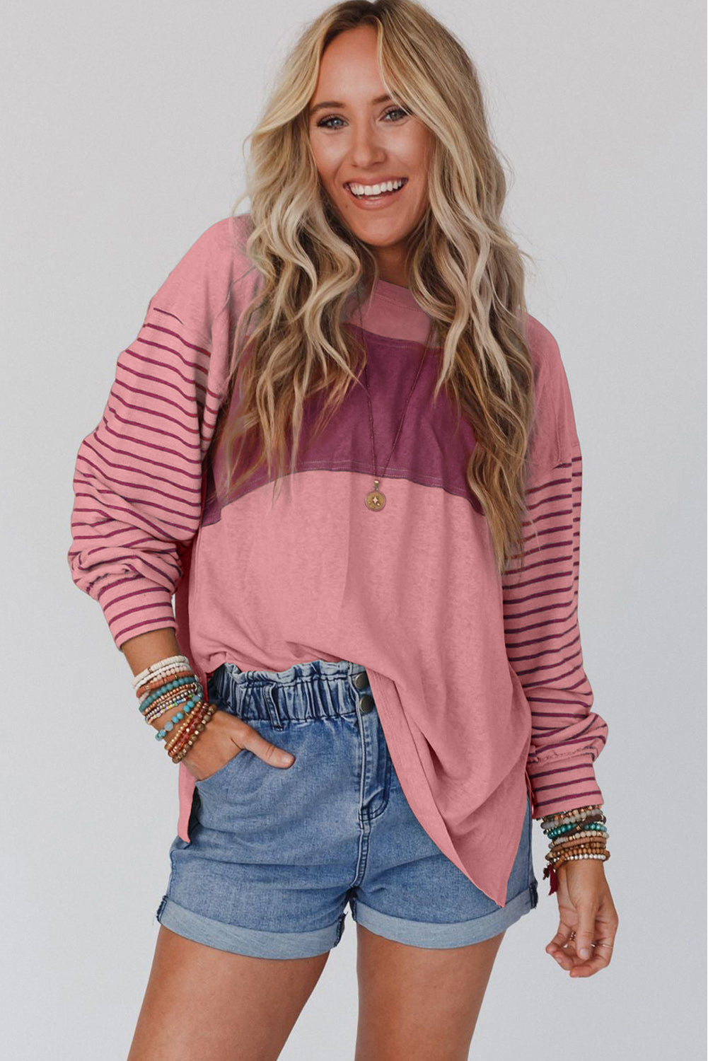 Casual Colorblock Striped Bishop Sleeve Shirt