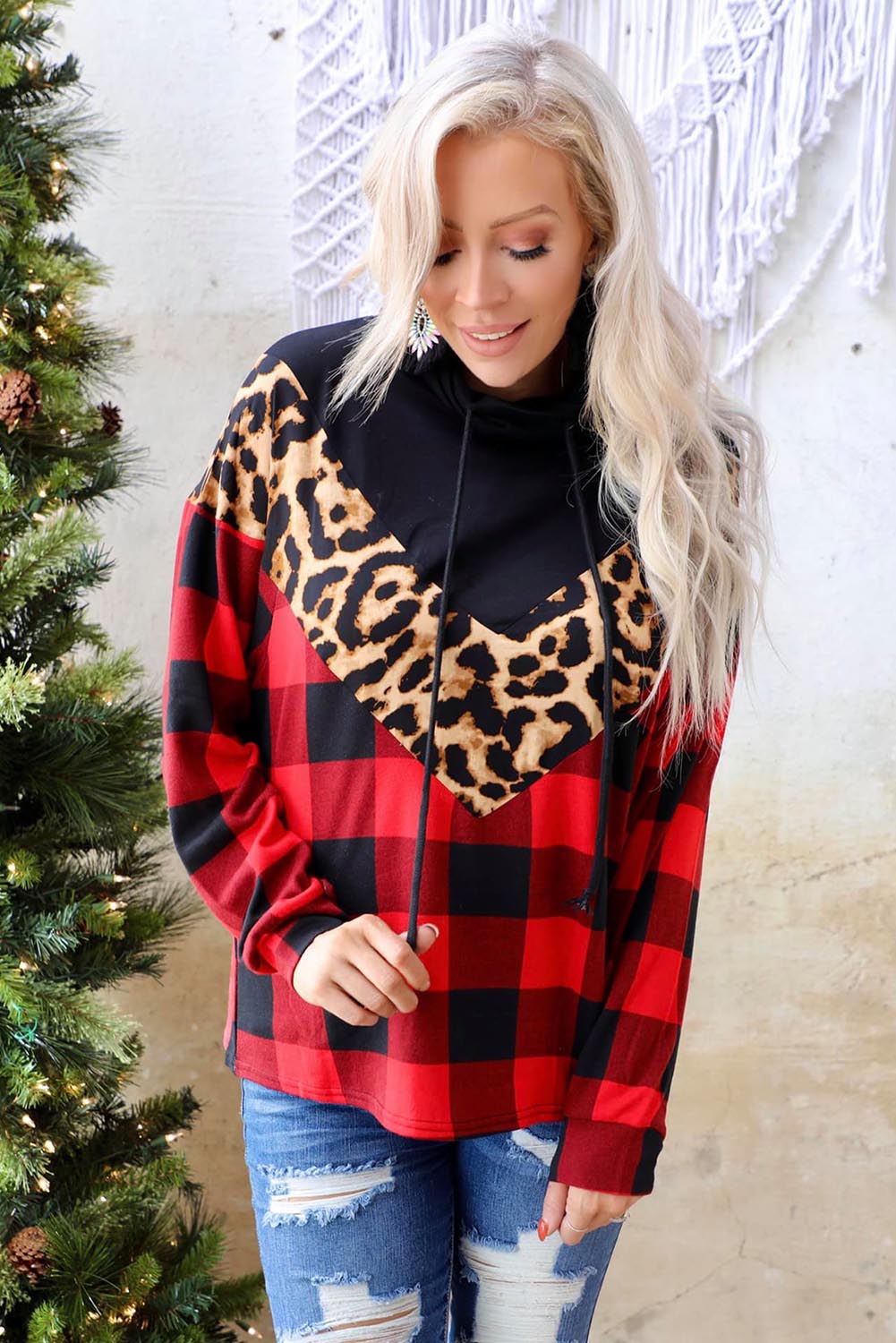 Chevron Plaid Leopard Turtleneck Sweatshirt