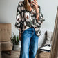 Classic Floral Leaf Puff Sleeve Button Down Blouse