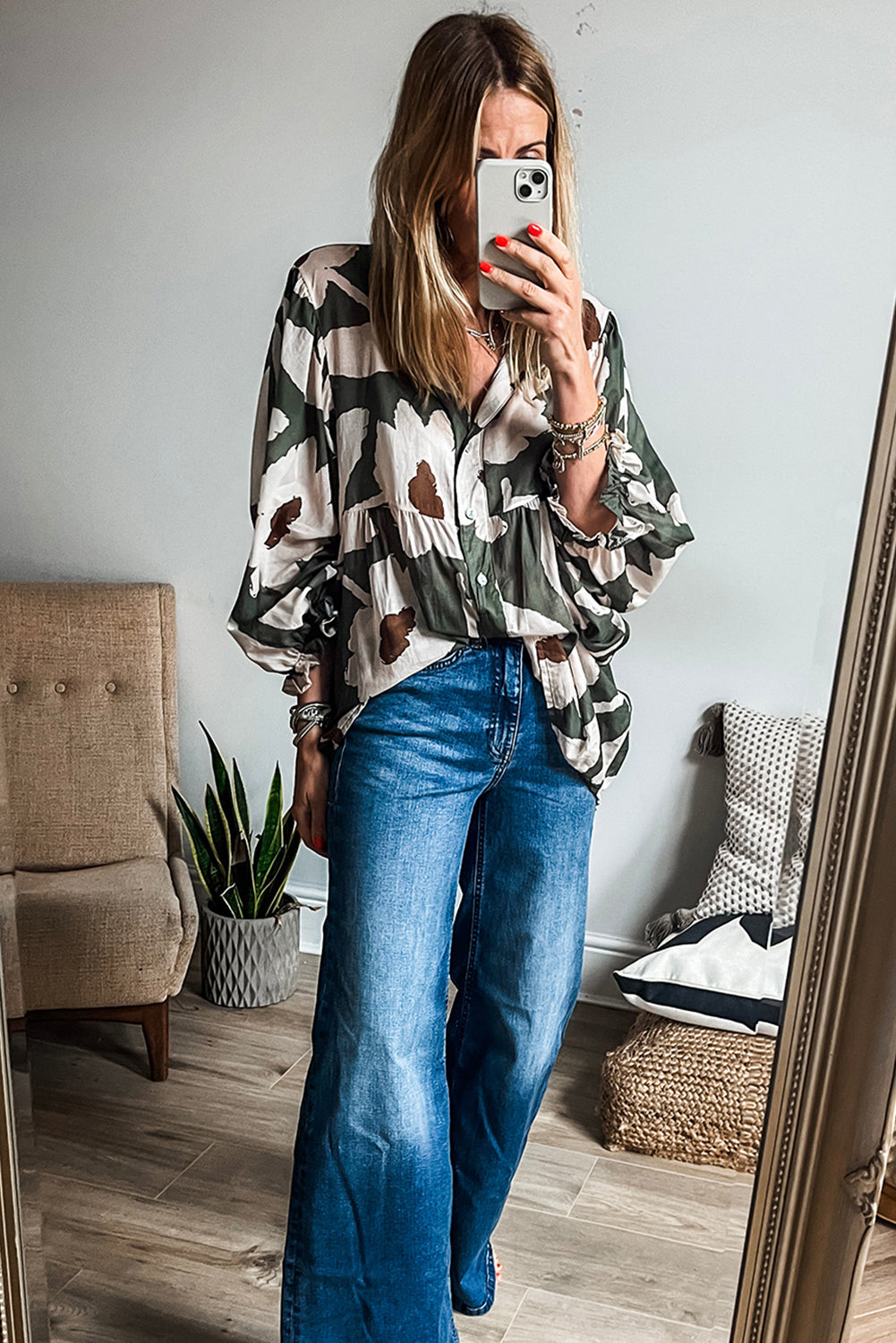 Classic Floral Leaf Puff Sleeve Button Down Blouse