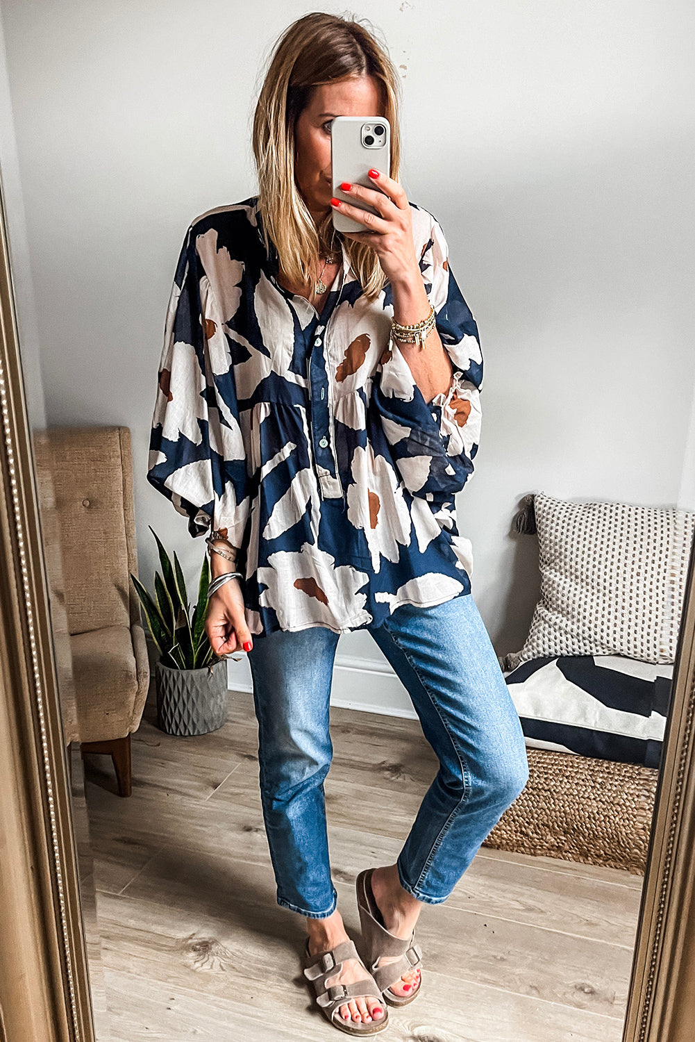 Classic Floral Leaf Puff Sleeve Button Down Blouse