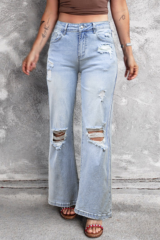 Chic Vintage Light Wash Distressed Flare Jeans