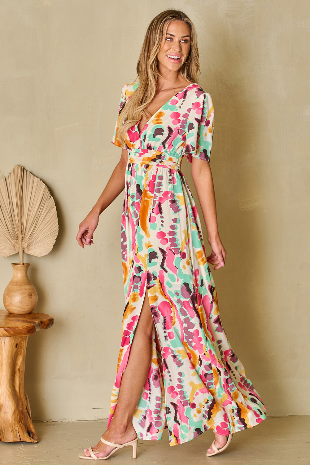 Classy V Neck Print Surplice Maxi Dress