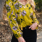 Vintage Floral V Neck Ruffle Trim Long Sleeve Blouse