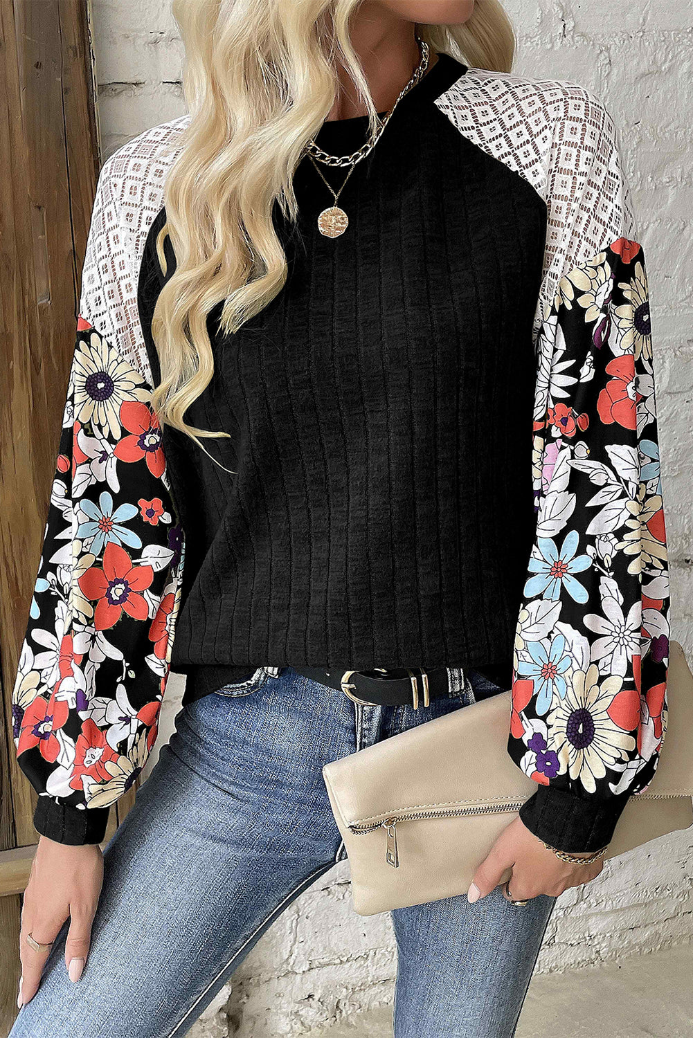 LaurenNichole Black Floral Patchwork Ribbed Blouse in 4 Colors. Size S - 2X