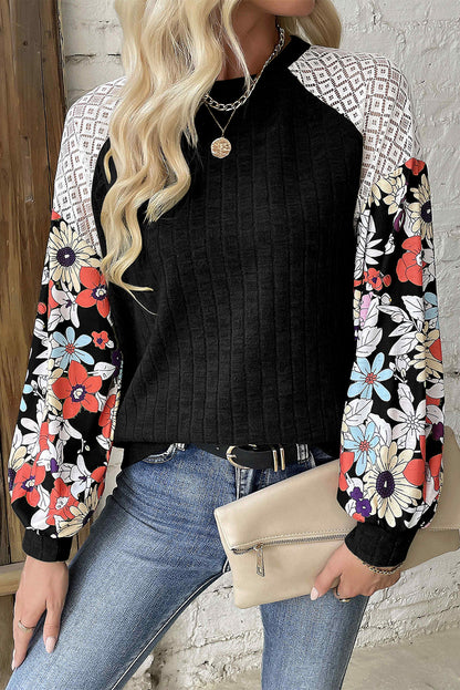 LaurenNichole Black Floral Patchwork Ribbed Blouse in 4 Colors. Size S - 2X