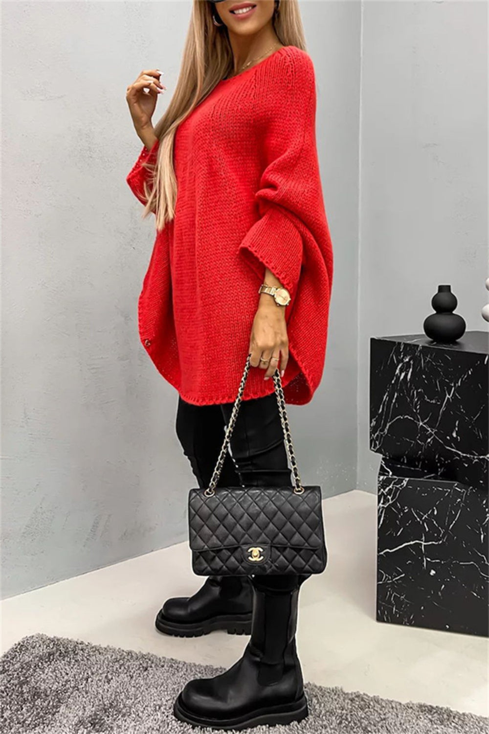 Elegant Round Neck Poncho Long Sleeve Sweater