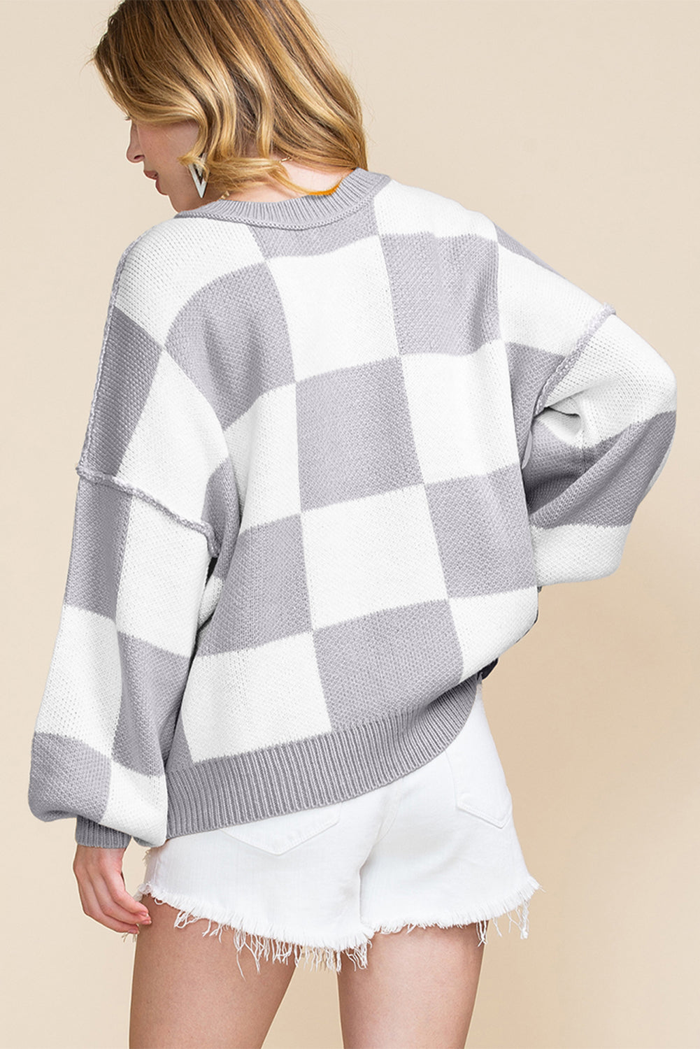Cozy Knit Oversized Checkered Bishop Sleeve Sweaters in 3 Colors (S - 2X)