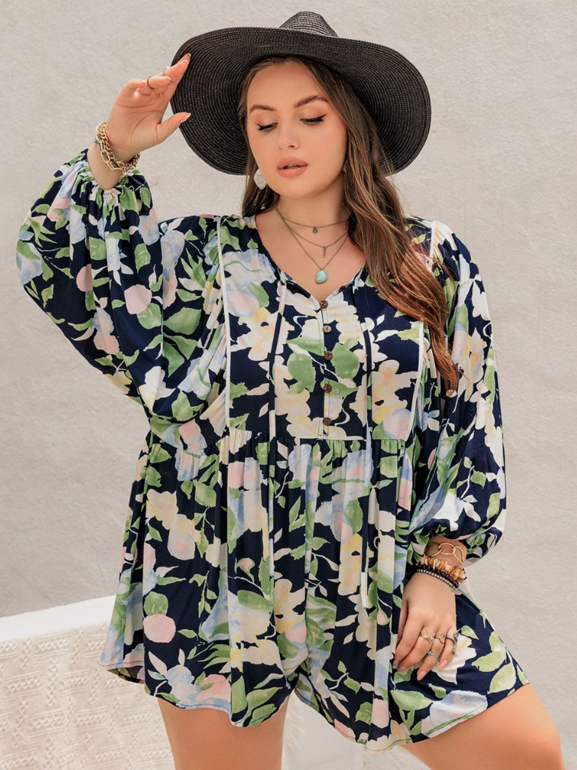 Floral Tie Neck Long Sleeve Romper (XL - 4X)