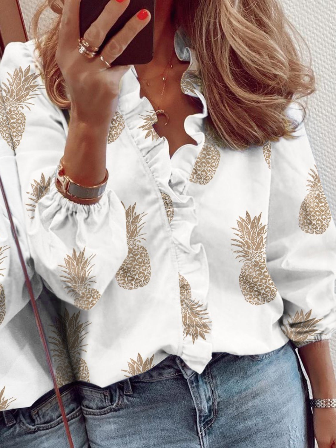 Ruffled Print V-Neck Blouse (S - 2X)