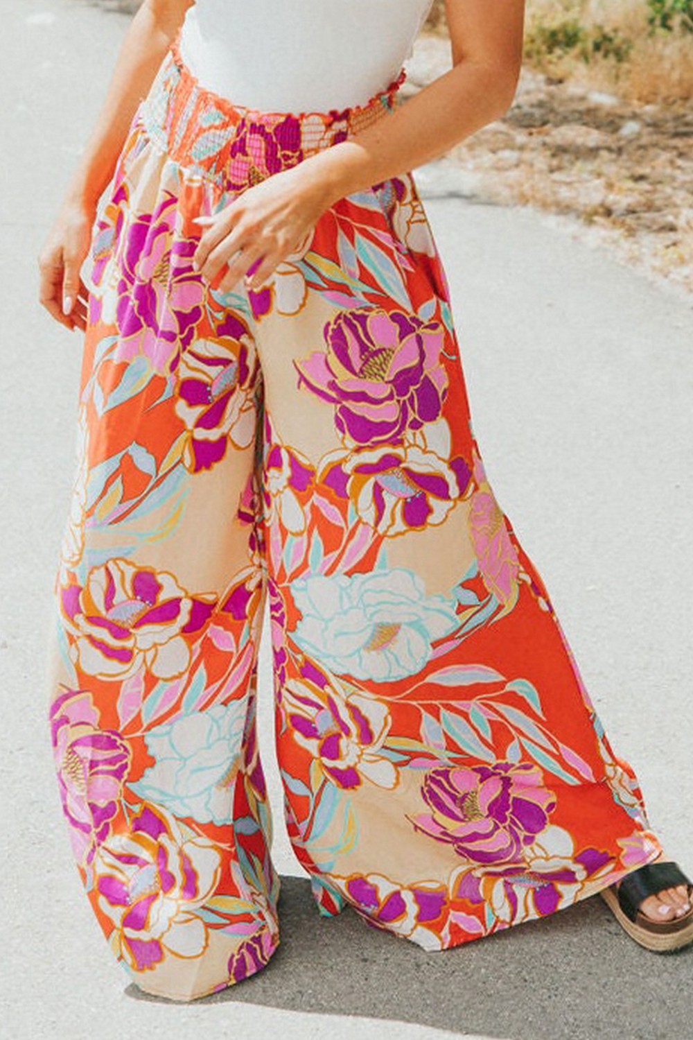 Wide Smocked Floral Palazzo Pants