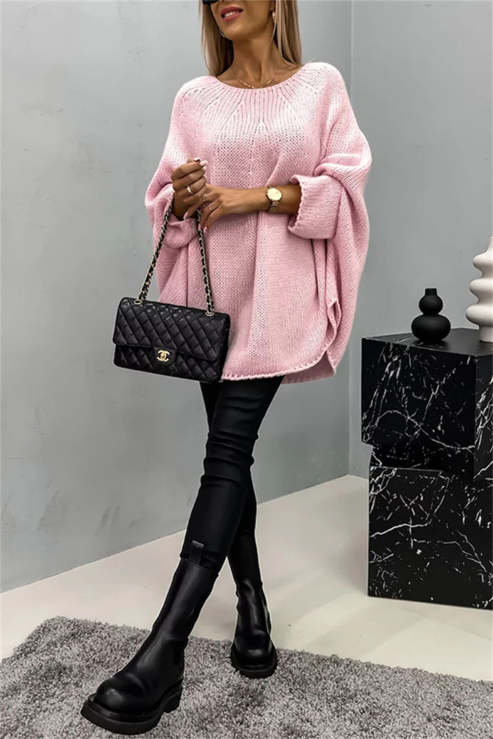 Elegant Round Neck Poncho Long Sleeve Sweater