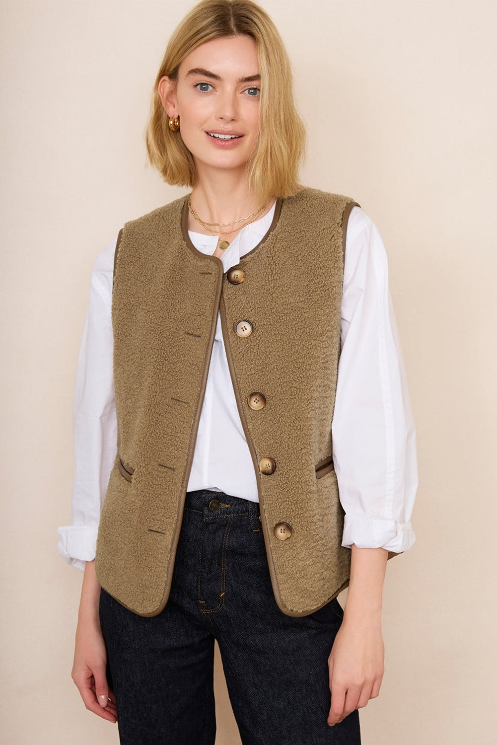 Classic Elegant Fleece Vegan Leather Trimmed Vest