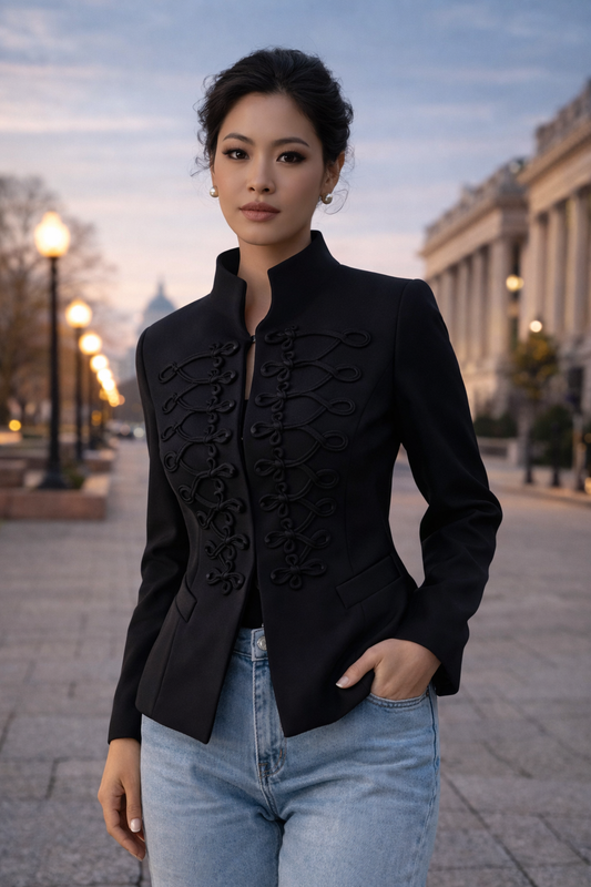 LaurenNichole Aura La’Vintage Chinese Knot Cropped Jacket – Chic Structured High Street Statement Coat