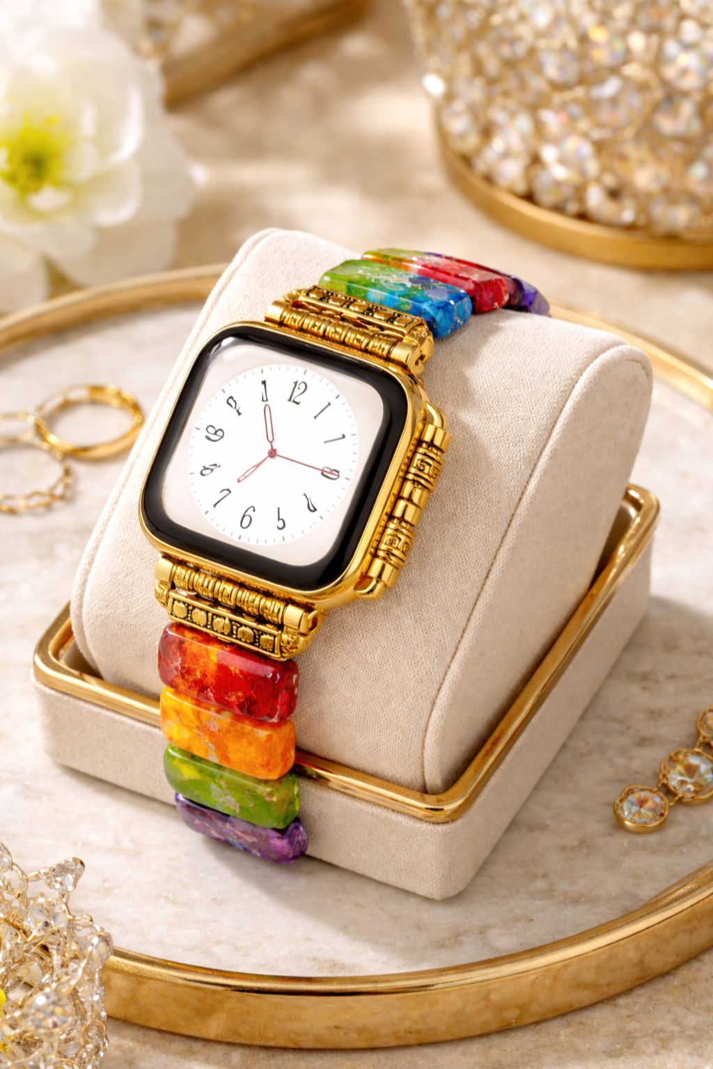 Natural Stone Colorful Chakra Imperial Jaspers Elastic Smart Watch 38mm/45mm