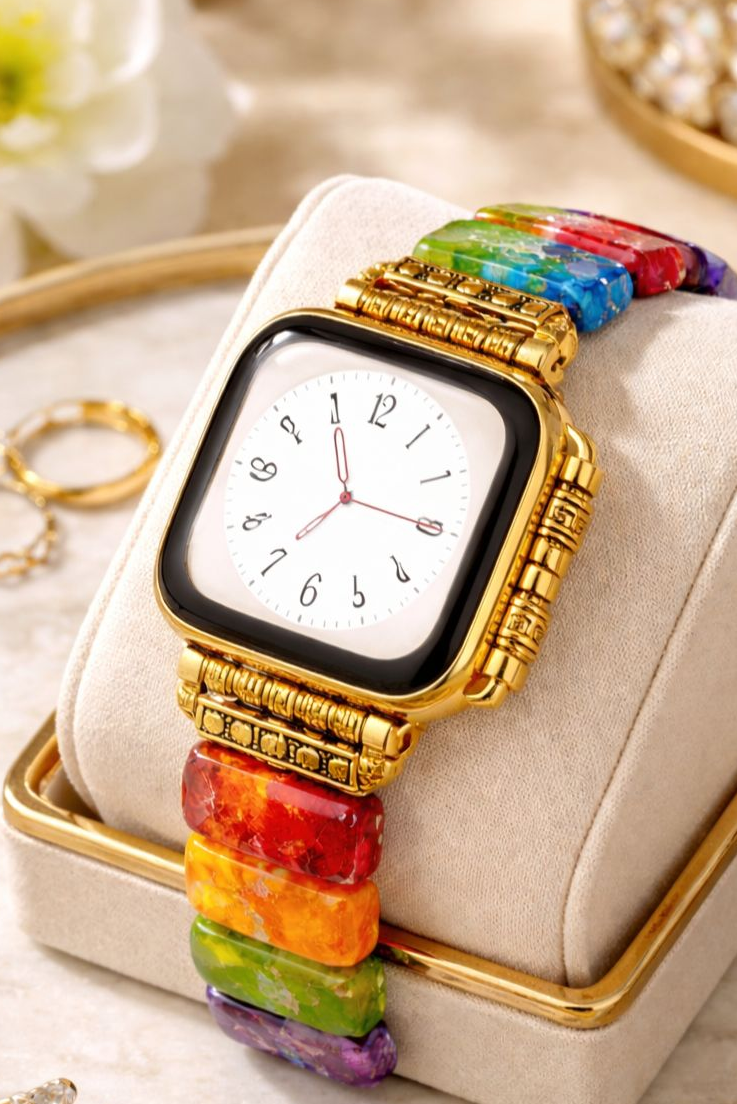 Natural Stone Colorful Chakra Imperial Jaspers Elastic Smart Watch 38mm/45mm
