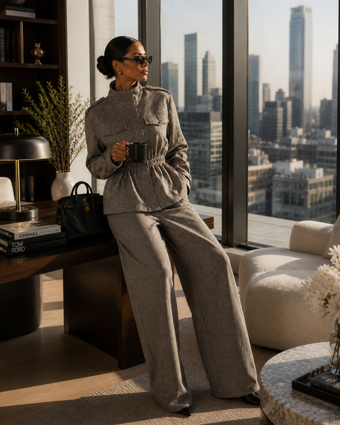 LaurenNichole La’Bond Wool Plaid Zip-Up Slim Waist Blazer with Wide Leg Trousers – Polished Workwear Outfit