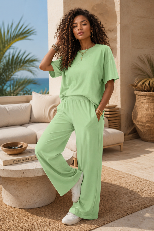 LaurenNichole Daydream Solid Oversized Tee &  Wide-Leg Pants Outfit — Pocketed Casual 2-Piece (3 Colors)
