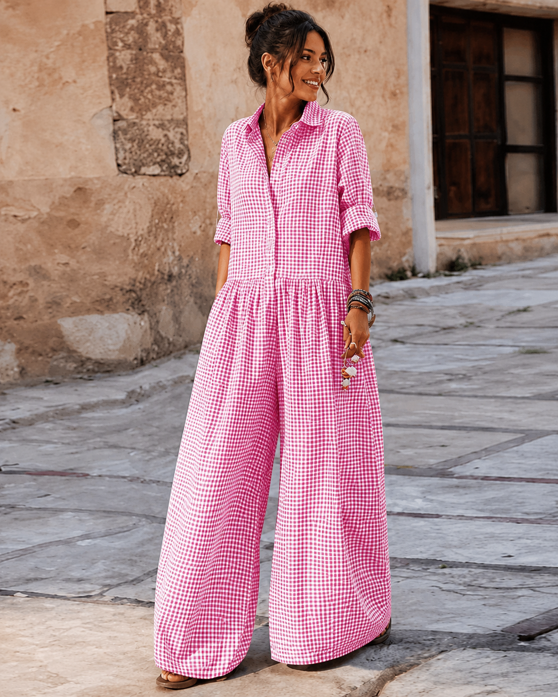 Aura La'Vintage Cottage Escape Plaid Wide-Leg Jumpsuit – 3 Colors (S–3X)