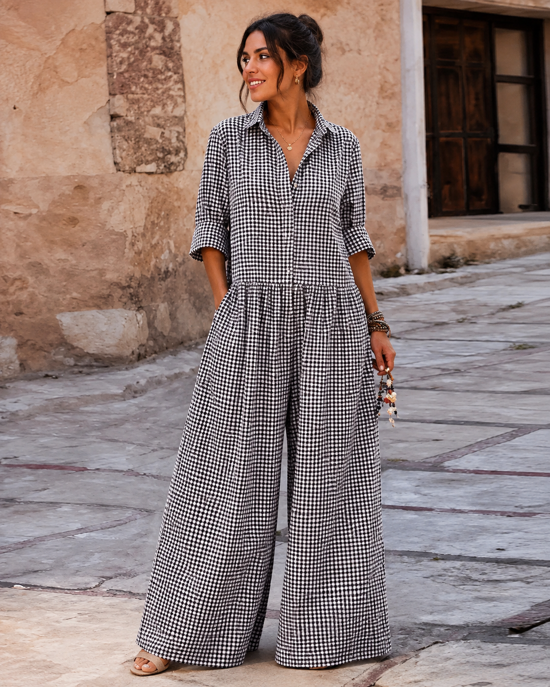 Aura La'Vintage Cottage Escape Plaid Wide-Leg Jumpsuit – 3 Colors (S–3X)