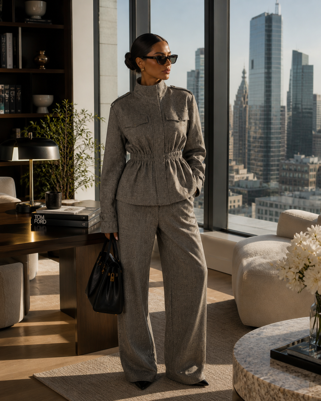 LaurenNichole La’Bond Wool Plaid Zip-Up Slim Waist Blazer with Wide Leg Trousers – Polished Workwear Outfit